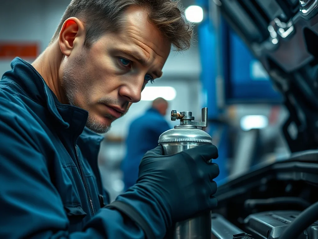 Mechanik samochodowy sprawdza poziom czynnika chłodniczego w silniku auta przy użyciu profesjonalnego zestawu serwisowego.