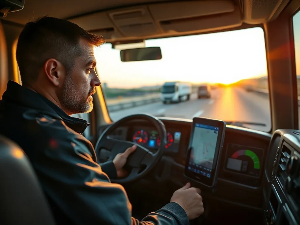 Kierowca ciężarówki korzystający z nowoczesnej nawigacji GPS w kabinie pojazdu podczas zachodu słońca.