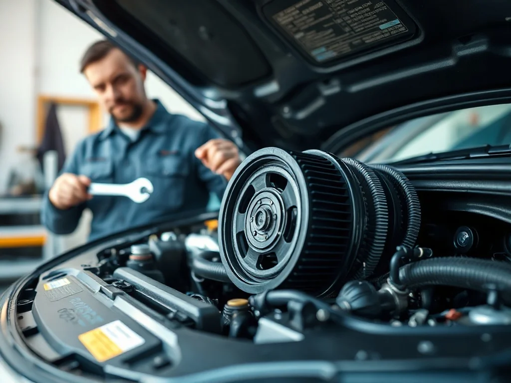 Mechanik w nowoczesnym warsztacie przy otwartej komorze silnika Ford 1.0 EcoBoost z widocznym mechanizmem rozrządu.