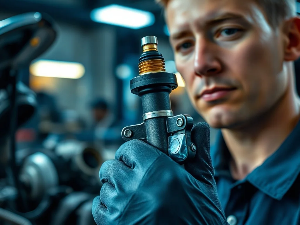 Mechanik trzymający w dłoniach nową sondę lambda na tle profesjonalnego warsztatu samochodowego.